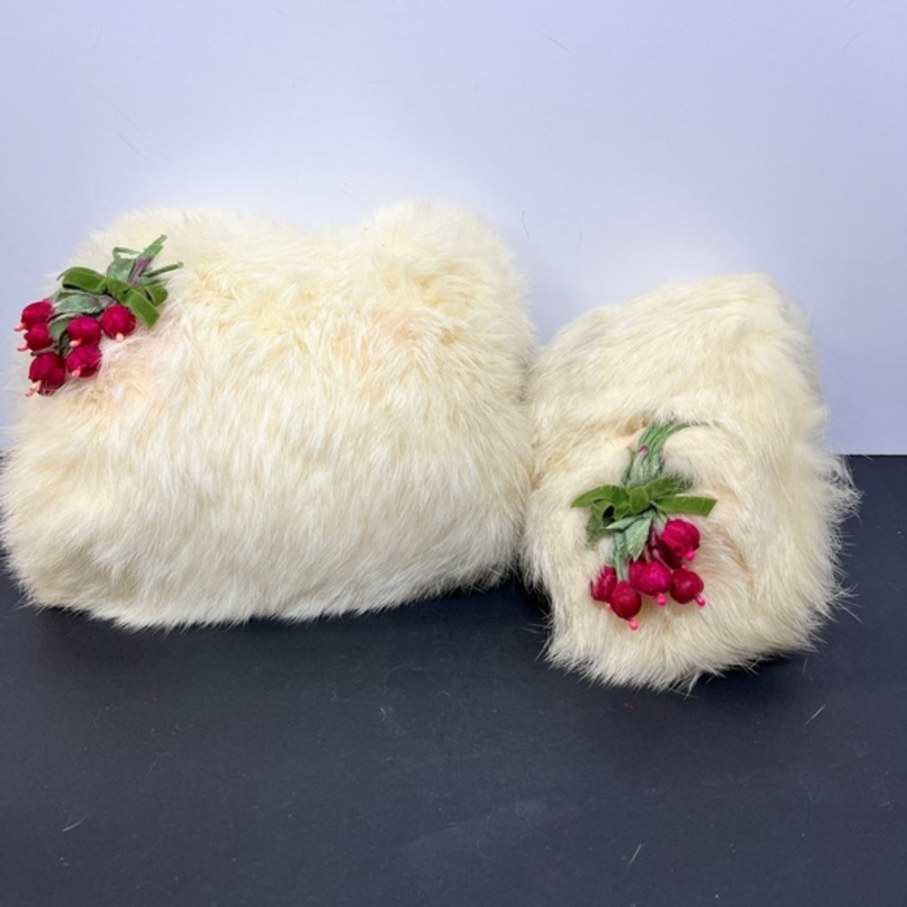 Vintage child’s Rabbit Fur Muff and Headband Ear Warmer Red Roses